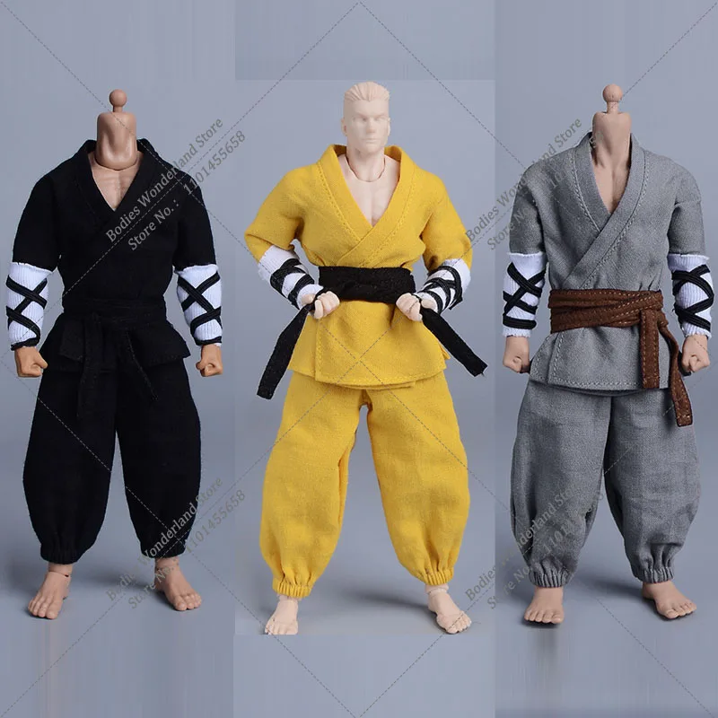 1/12 Scale Men Solider Ancient Soldier Monk Robe Training Kungfu Top Trousers Belt Clothes Set Model for 12In Male Action Figue