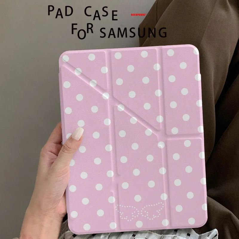 For Samsung Galaxy Tab A8/A9/A11+FE LITE PLUS/Galaxy Tab S6 Lite/S7/S8/S9/S10+ FE "Pink Polka Dots&Cartoon Animals " 3+Y-fold