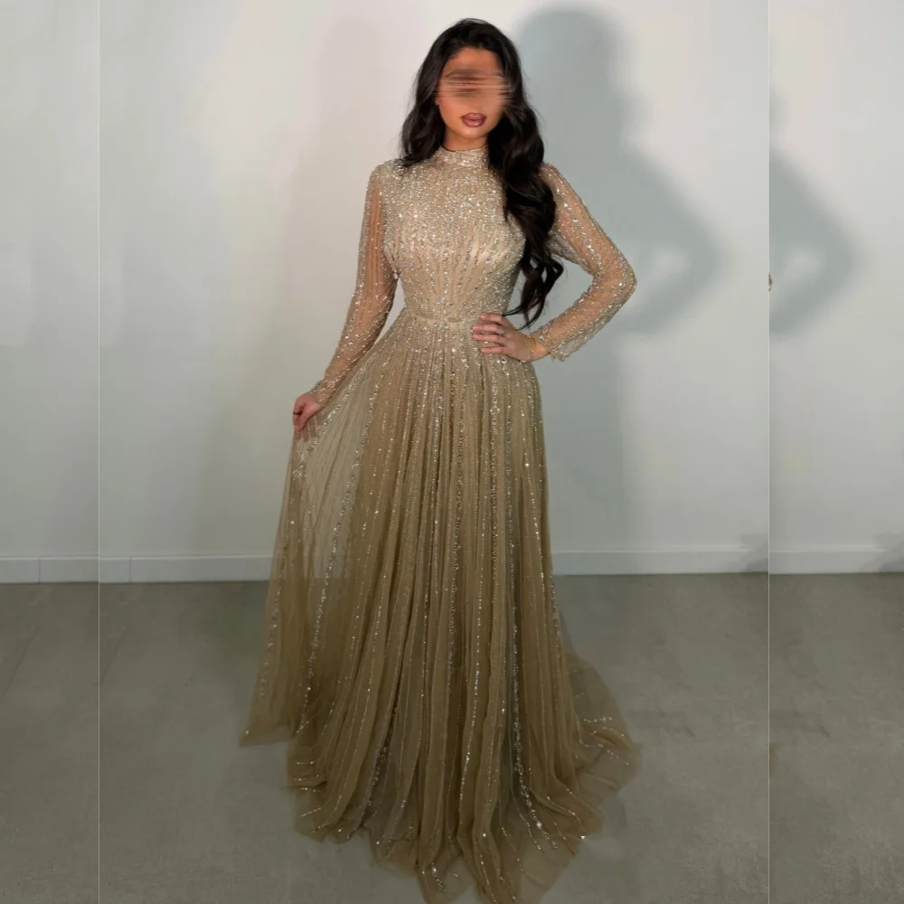 Customized Luxury Sparkle Long Sleeves Evening Gowns Pleat High Collar A-line Long Dresses Elegant Wedding Party Gown Gorgeous