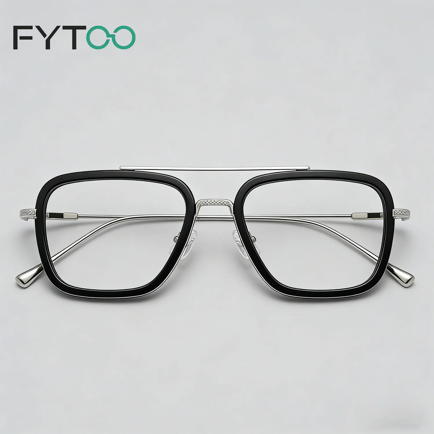 

FYTOO Унисекс Квадратные очки большого размера Стильные роскошные двойные мосты Черный Серебристый Металл + TR, Комфорт Прочный Ежедневно Универсальный.
