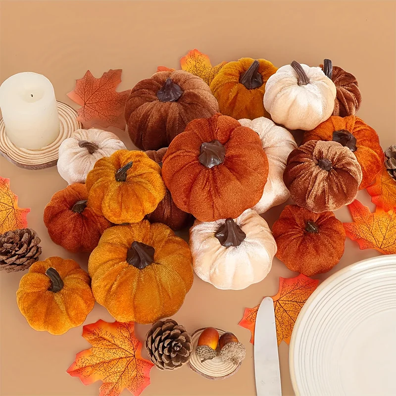16pcs Simulated Velvet Pumpkin Decorations Autumn Fabric Pumpkin Ornament For Home Decoration During Thanksgiving And Christmas