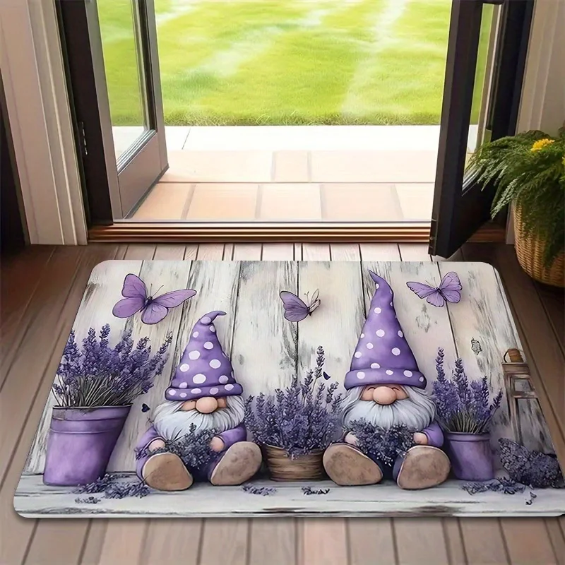 Printed Gnome Lavender Floral Cottagecore Welcome Doormat Mat Spring Garden Decor Entrance Floor Rug Cute House Gift