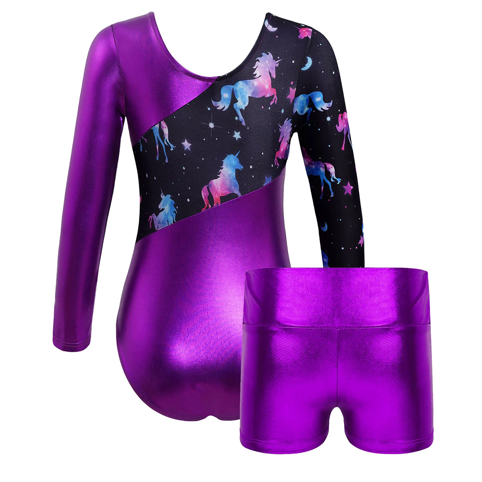 Kids Girls 2-Pieces Gymnastic Ballet Dance Outfits Metallic Workout Leotards with Shorts Swimwear Bathing Suits Training Costume