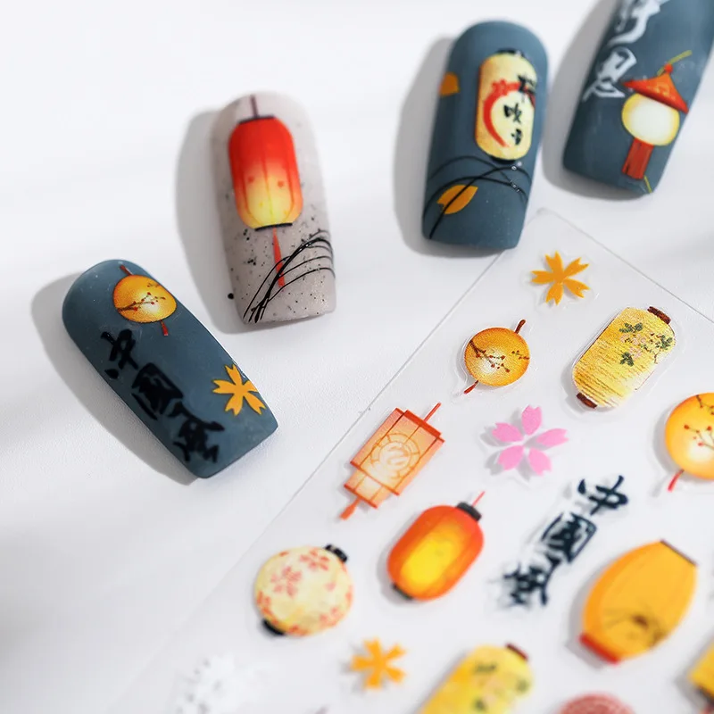 Paper Lantern Design 3D Self Adhesive Nail Art Decorations Stickers Chinese Style Manicure Decals Wholesale Dropshipping