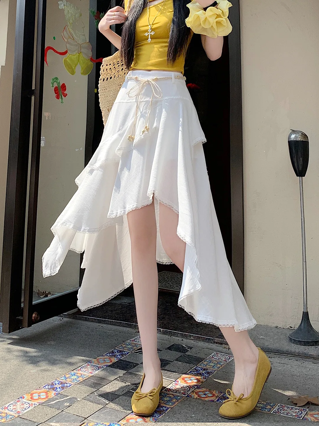 White Irregular Lace Hem Midi Skirt Women's Summer Lazy Design Cover Hip Slim Cake Style Half-length Skirt Korean Style