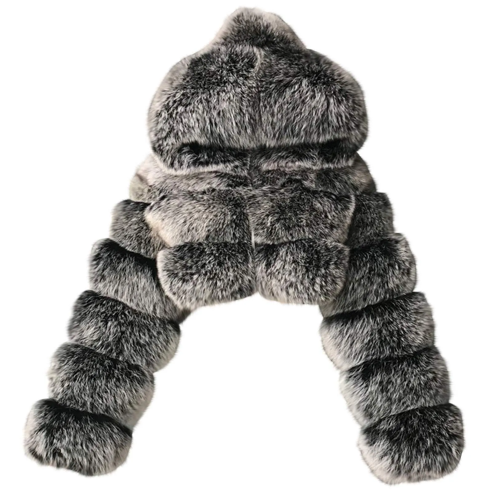 レディース用大型ジッパーフォックスファーコート、超ショートスプライシングフード付きエコフレンドリーファーコート