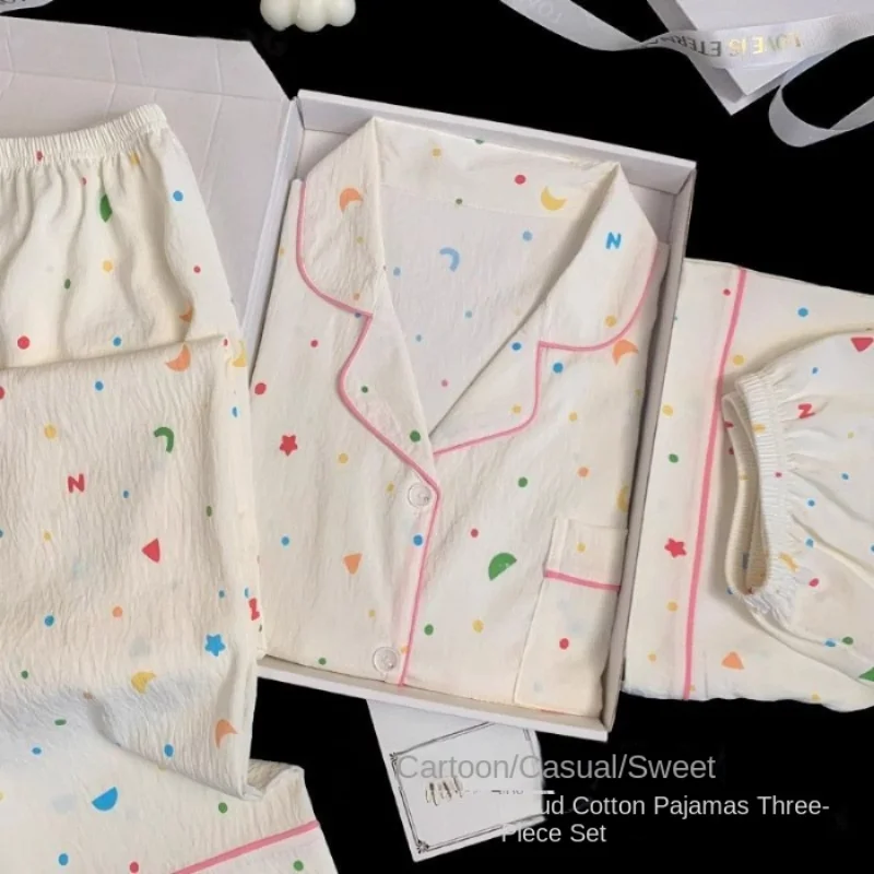 

Женский пижамный комплект для отдыха со звездой и луной в горошек, одежда для сна с пуговицами и лацканами, коротким рукавом, эластичной резинкой на талии, женский пижамный комплект из 3 предметов