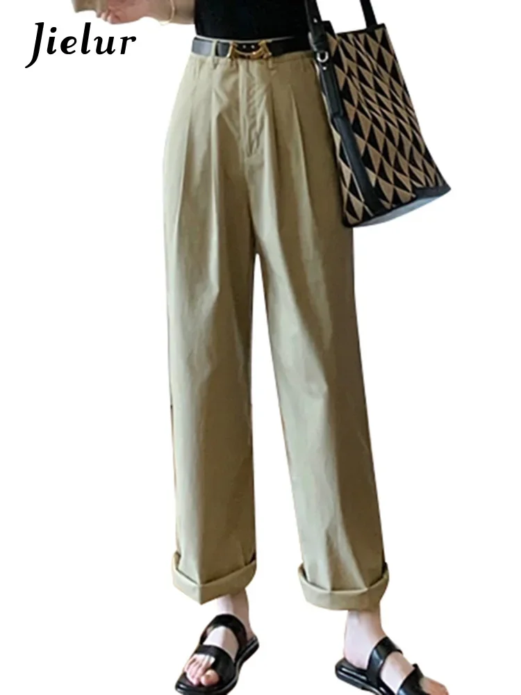 Jielur ارتفاع الخصر الأصفاد المستقيمة الإناث بنطال ذو قصة أرجل واسعة موضة بسيطة الأساسية ملابس العمل بلون الصيف الكاكي شيك سراويل نسائية