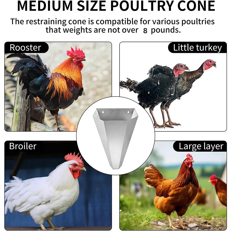 

Heavy Duty Metal Poultry Cone Holder for Chickens Ducks 8lbs Weight Limit Flat Back Restraining Funnel Farm Animal Handling Tool