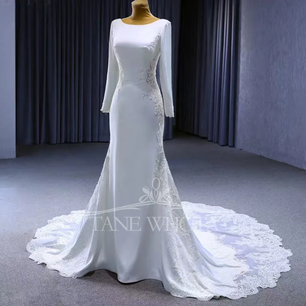 Women's Sexy Bridal Gown Backless O-Neck Long Sleeve Civil Embroidery Sheath Style Customizable Fit Wedding Dress For Women