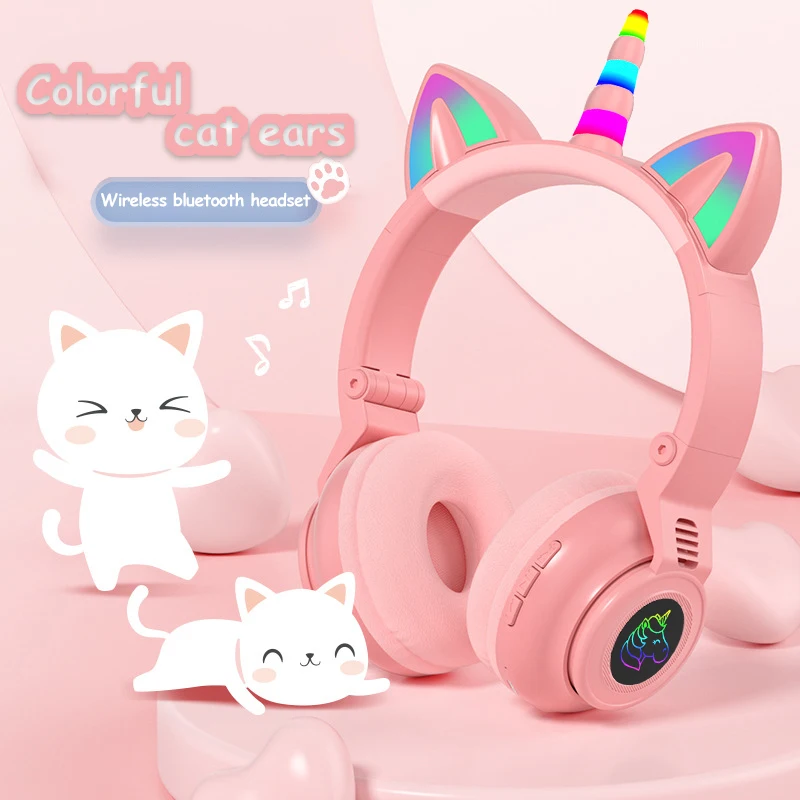 RGB Unicorn Kids Wireless Headphones With Mic Control RGB Light Children's Headset Gift Girls Music Stereo Mobile Phone Earphone