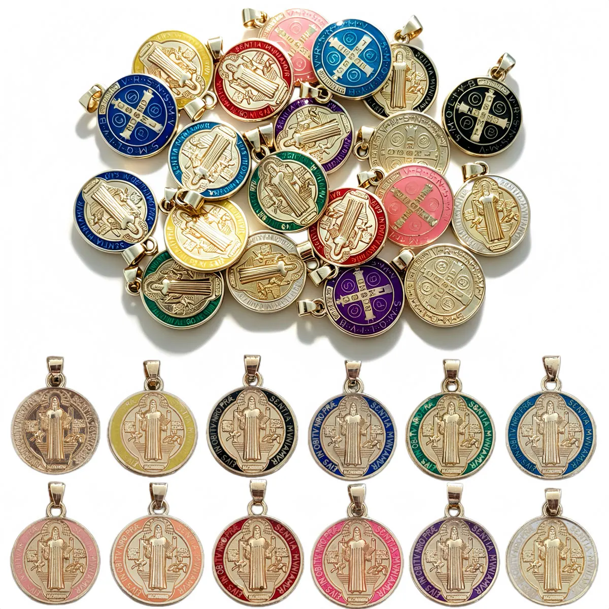 20Pcs Saint Benedict Medal Charms Multicolor Enamel Alloy Religious Coin Pendants for DIY Jewelry Making