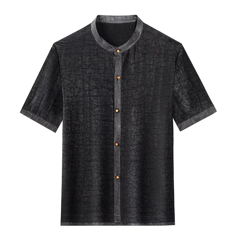 Patchwork Frog Button Shirts For Men Short Sleeve Real Silk 100% Summer High-Quality Skin-Friendly Lightweight Camisas De Hombre