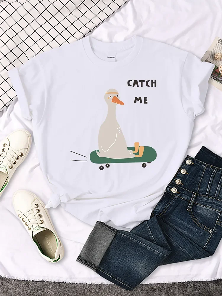 Come and Catch Me Skateboard Duck Print Humor Funny Men Women Short-sleev Summer O-neck Short-sleev Male Streetwear Casual Tops