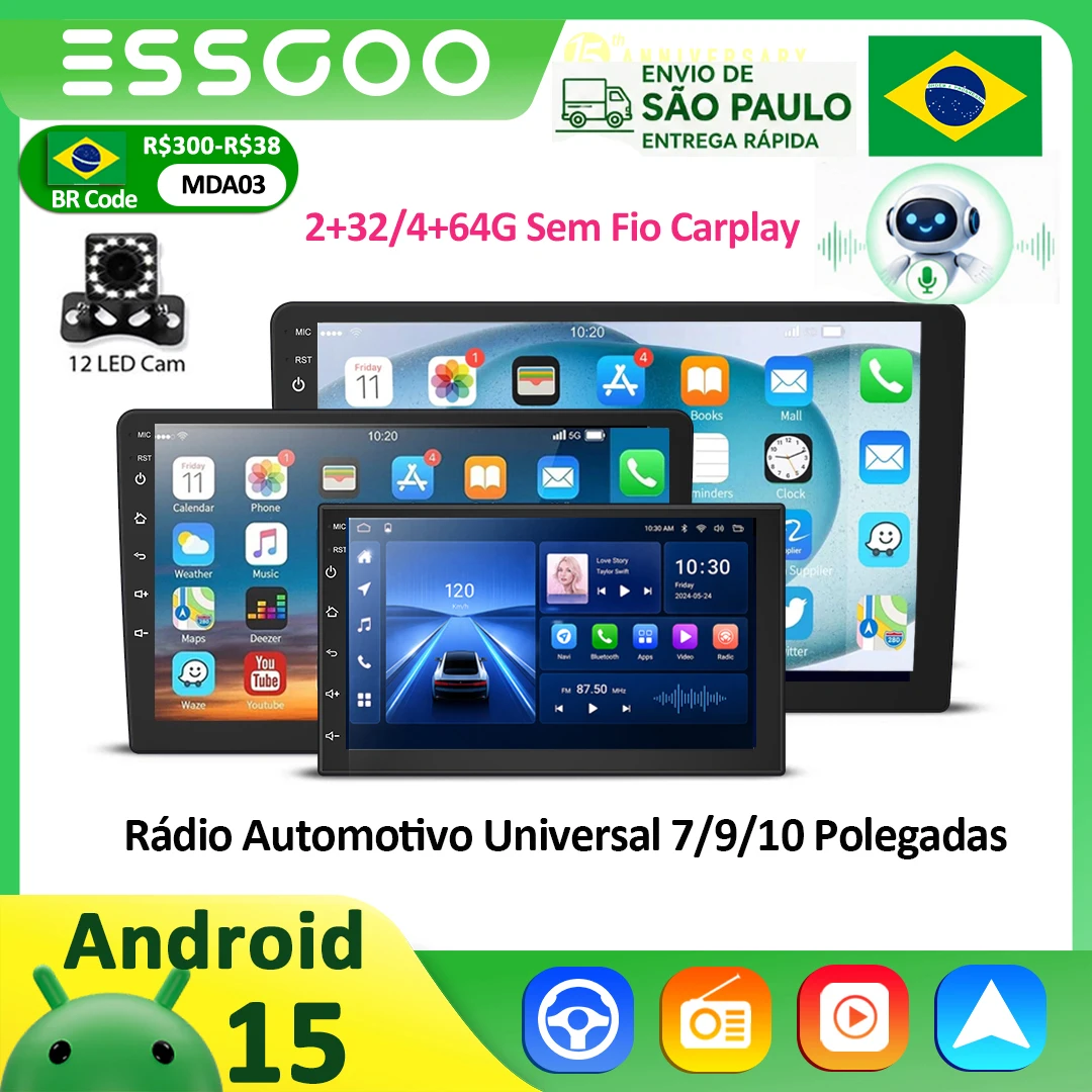Rádio de Carro ESSGOO Android 15 Carplay Auto Multimídia Vídeo 7/9/10'' Estéreo Universal para Volkswagen Nissan Hyundai Kia Toyota