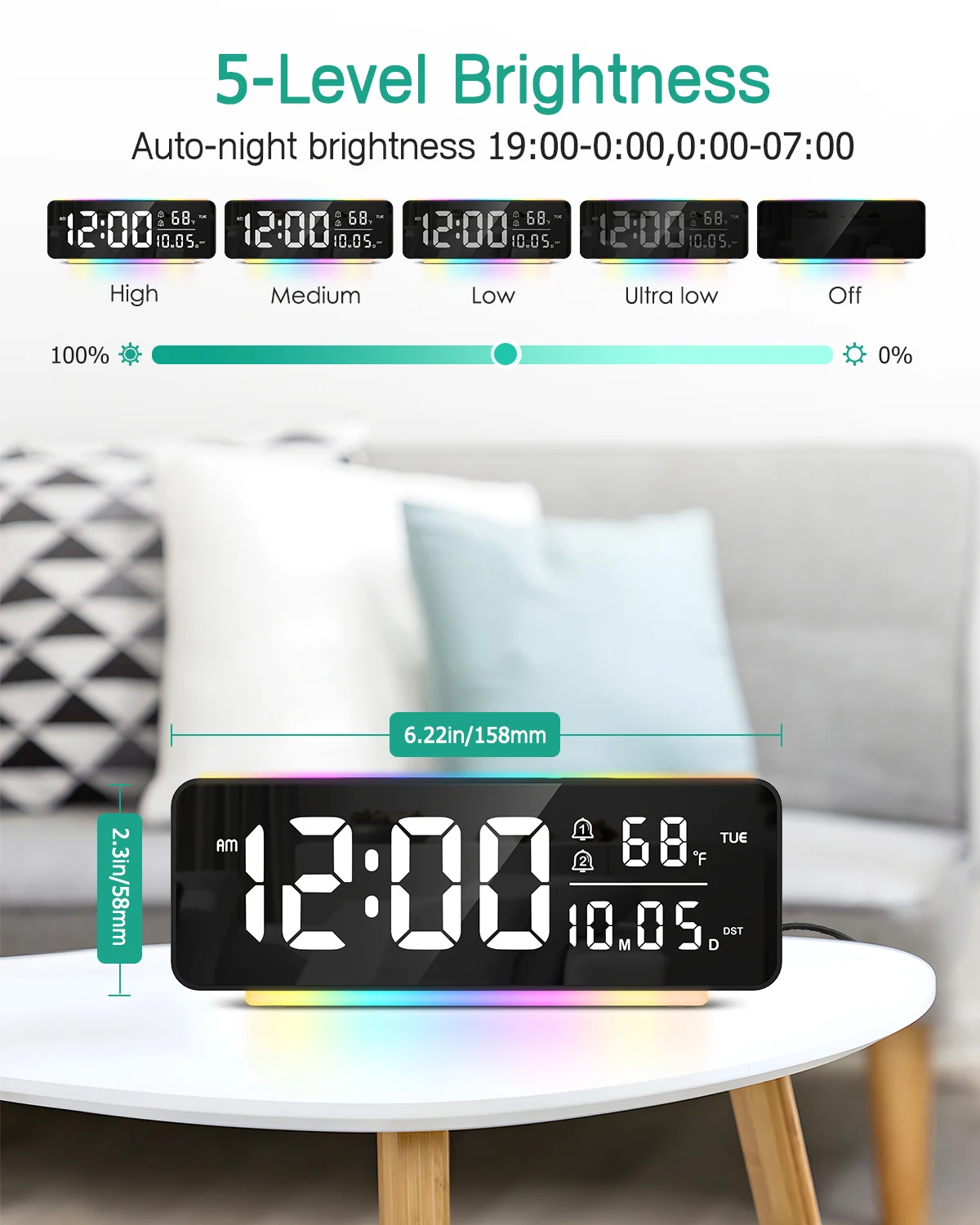 Reloj despertador LED con luz ambiental multicolor y temperatura - imagen 4