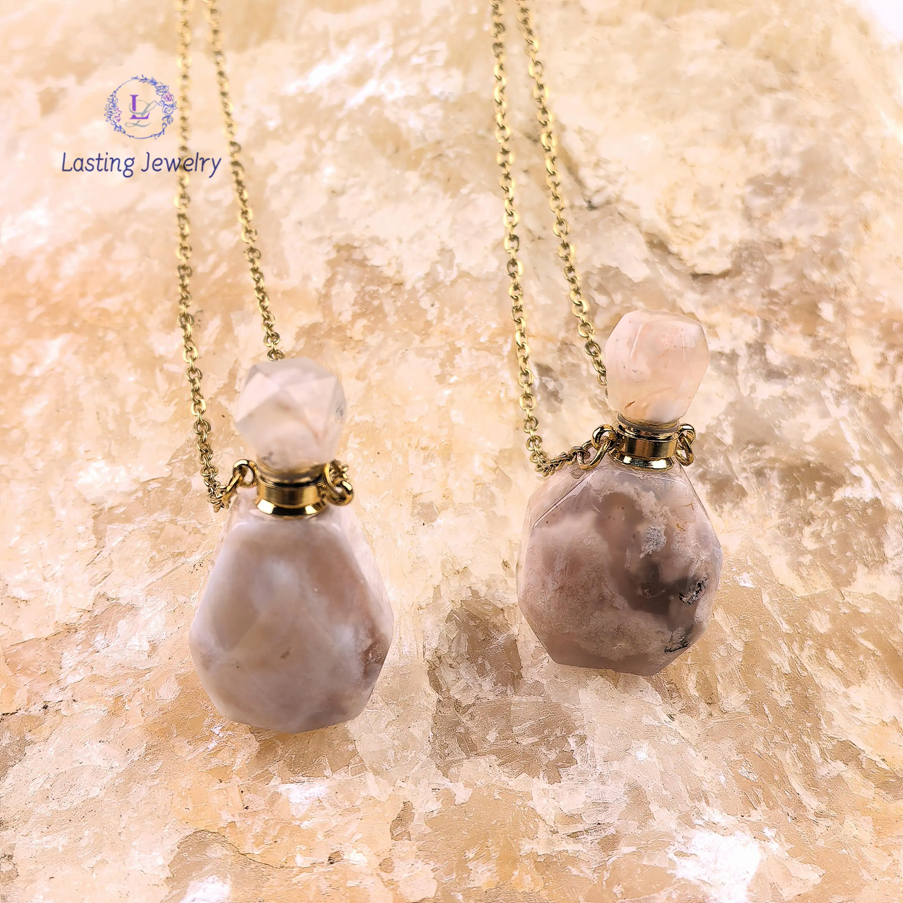 

Cherry Blossom Agate Perfume Bottle Faceted Pendant Necklace,Sakura Agate Essential Oil Diffuser Vial Charms Chains Jewelry Gift