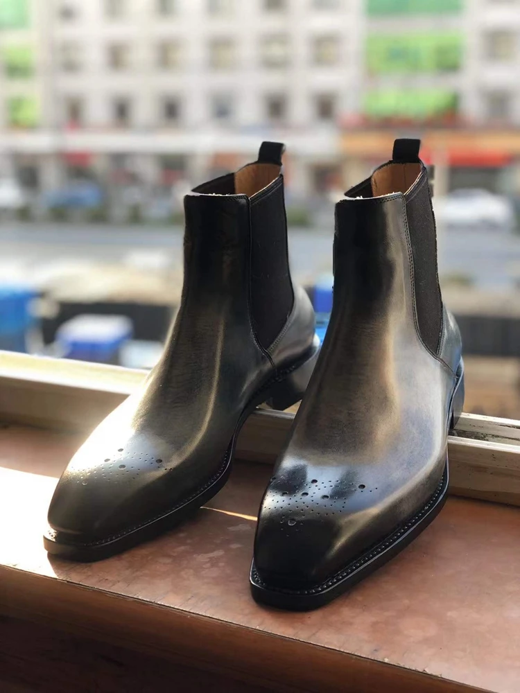 cie Hand-Painted Full Grain Calf Leather Chelsea Boot Patina Blue Handmade Leather Out-sole Ankle Boots MA08