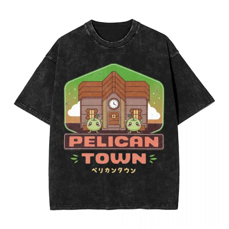 Pelicans Town Stardew Valley Washed T Shirt Streetwear Hip Hop Vintage T-Shirt Game Anime Tees for Men Women Cotton Oversize