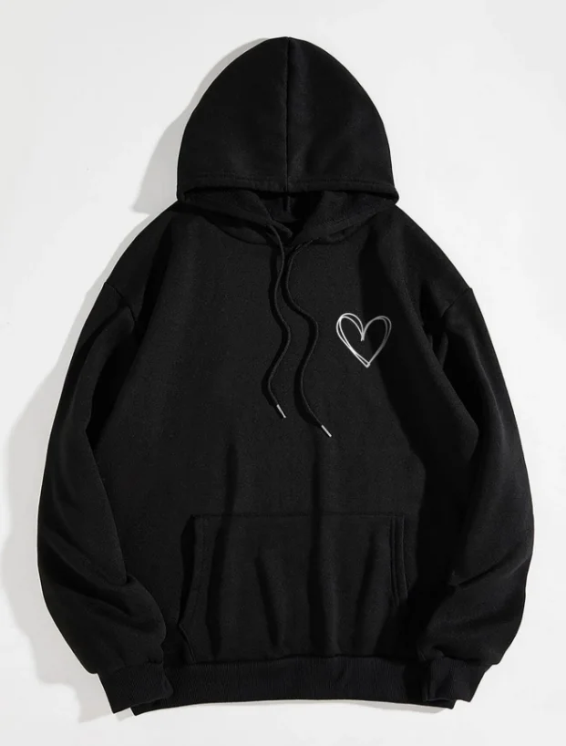 Simplic Heart Print Women Sweatshirt Soft Casual Loose Vintage Female Hoodies 2023 Winter Warm Fleece Student Tops