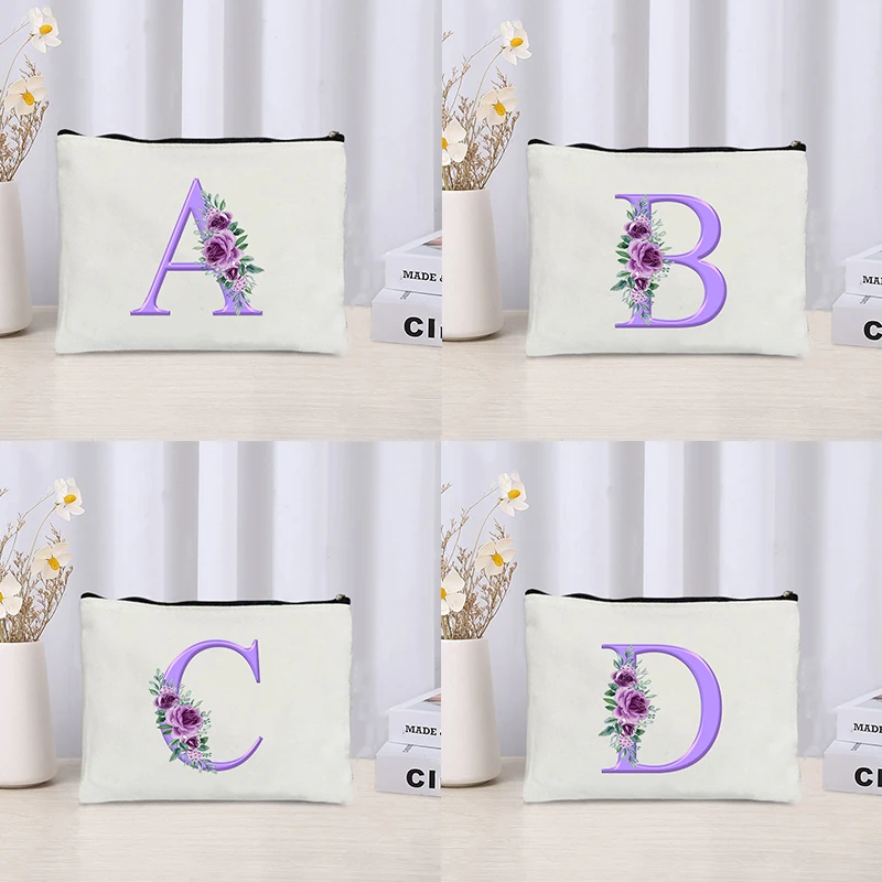 Purple Flower Initials Cosmetic Bag Travel Storage Toiletry Bags Perfume Lipstick Pouch Bride Makeup Bags Wedding Birthday Gifts