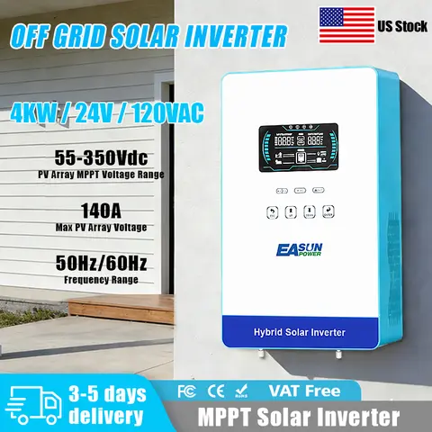 EASUN POWER 4KW 24V Hybrid Inverter 140A MPPT Solar Charger Pure Sine Wave Inverter for Home 6.25 Inch LCD Display US Household