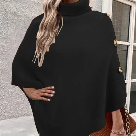 Jersey de punto asimétrico sin mangas con botones laterales y cuello de tortuga para mujer, suéter de capa cálido y pesado para invierno