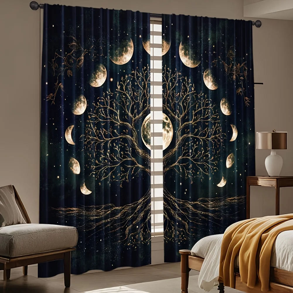 Tree of Life Moon Phases Blackout Curtains - Golden Galaxy Starry Night Window Drapes for Living Room Bedroom