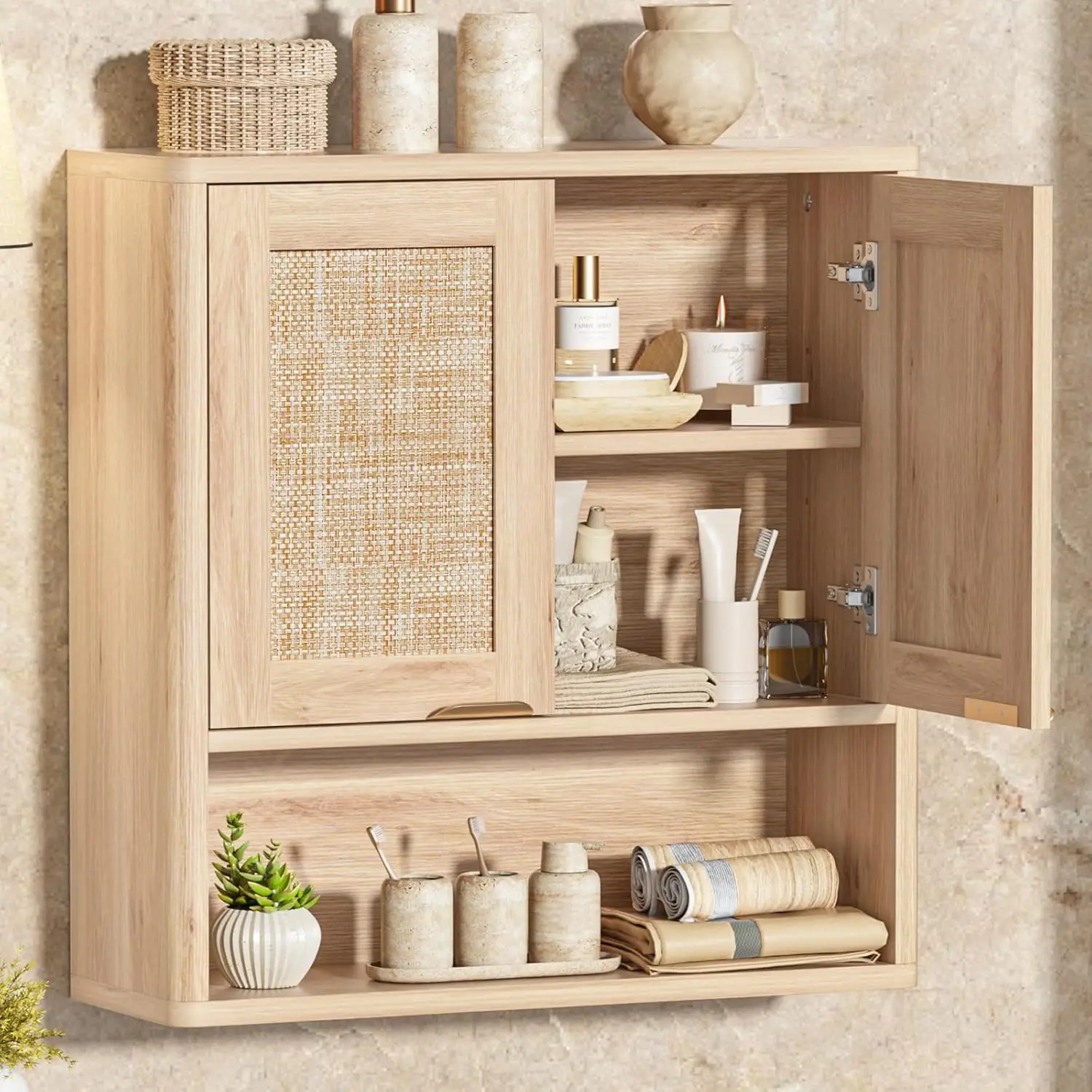 Rattan-Badezimmer-Wandschrank, Medizinschrank mit verstellbarem Regal und Türen, Aufbewahrungsschränke über der Toilette, individuell anpassbar