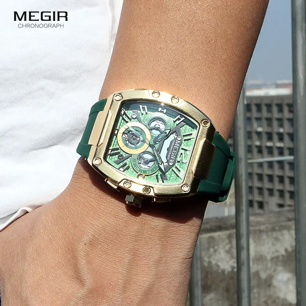 MEGIR Fashion Sport Quartz Watch for Men Waterproof Golden Green Silicone Strap Chronograph Wristwatch with Date Luminous Hands