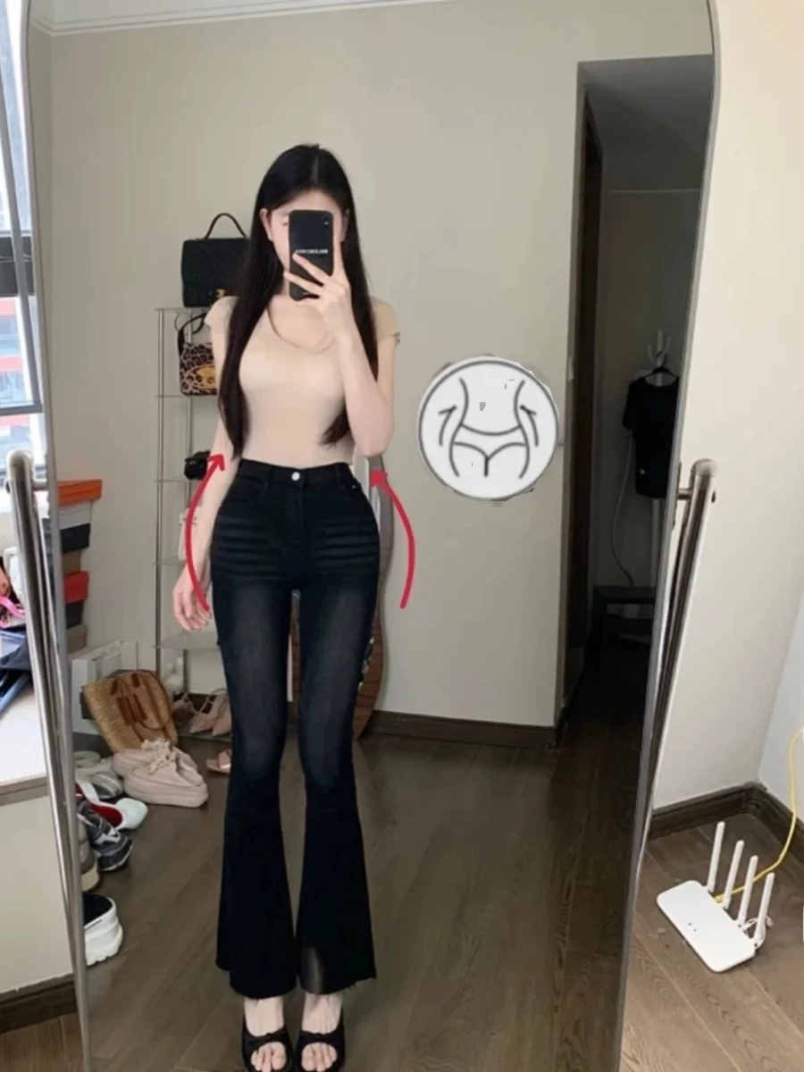 

High Waist Bell Bot Denim Jeans Women's Elastic Stretchy Long Pants with Hip Padding Cotton Stretch Denim Blue Summer Wear