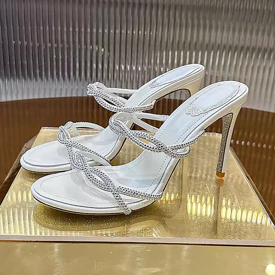 Summer New Round Head Rhinestone Fried Dough Twists Ribbon Bow Fashion Slippers Banquet Dress Thin Heel High Heel Sandals