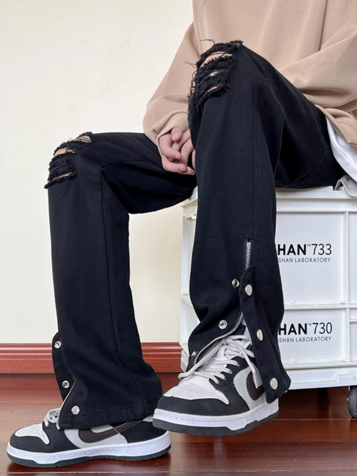 

Bla Hole Ripped Jeans Men's Summer High Street Design Zipper Straight American Trendy Large Size Floor-Length Pants
