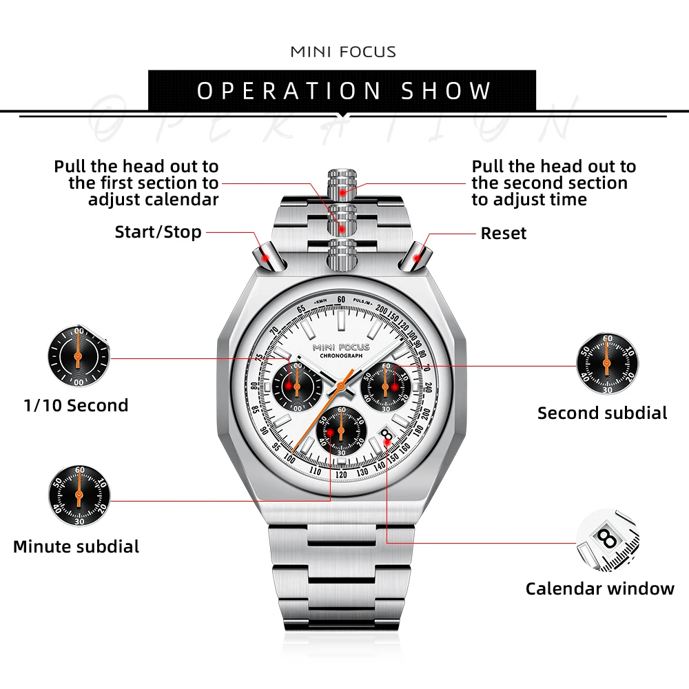 MINI FOCUS البومة على شكل الهاتفي كرونوغراف ساعات كوارتز للرجال التقويم مضيئة متعددة الوظائف سوار فولاذي الثور رئيس ساعة اليد
