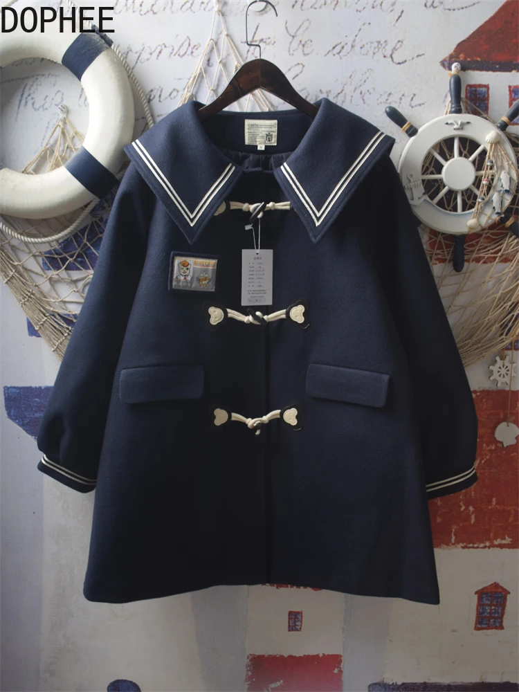 

Японский консервативный стиль, темно-синий воротник, шерстяная куртка средней длины, осень-зима, утепленное стеганое пальто, женское повседневное пальто на пуговицах с рогом
