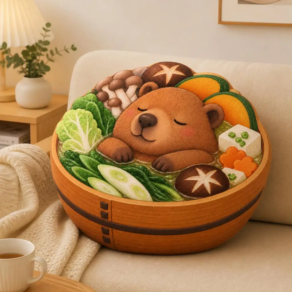 Sleepy Bear Hot Pot Bowl Shaped Soft Stuffed Pillow Cute Foodie Cushion Decorative Throw Pillow for Sofa Home Decor Gift