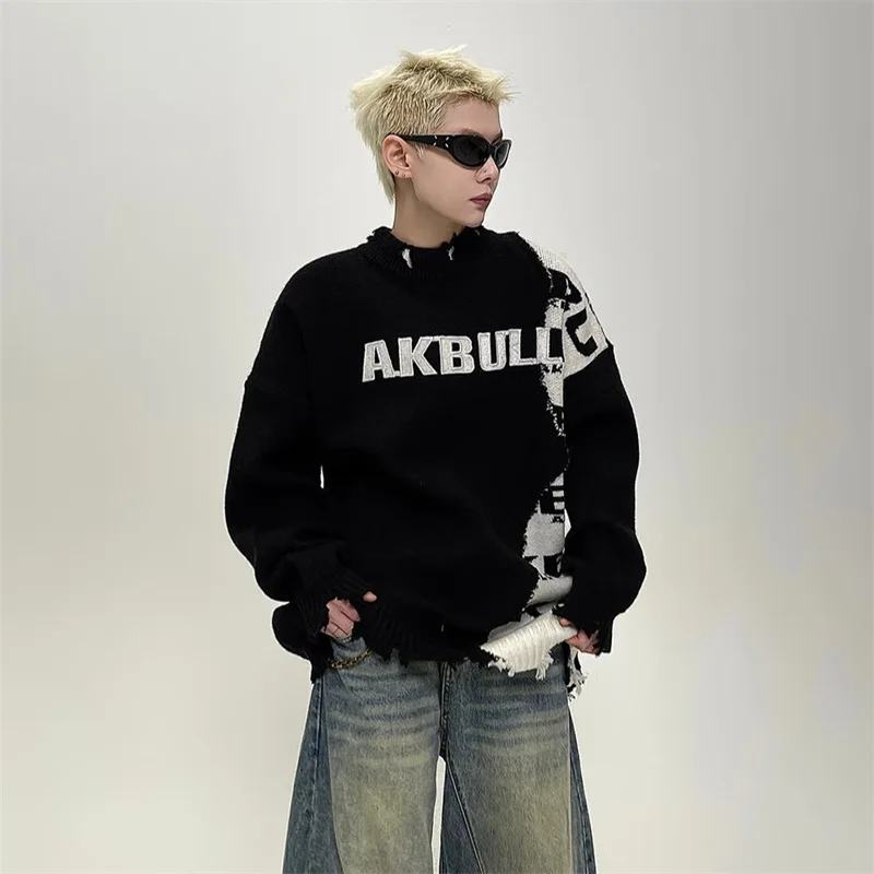 

2025 New Letter Printed Ripped Sweater for Men Hip Hop Distressed Patchwork Retro Knitted Pullovers Y2K Streetwear Knitwear