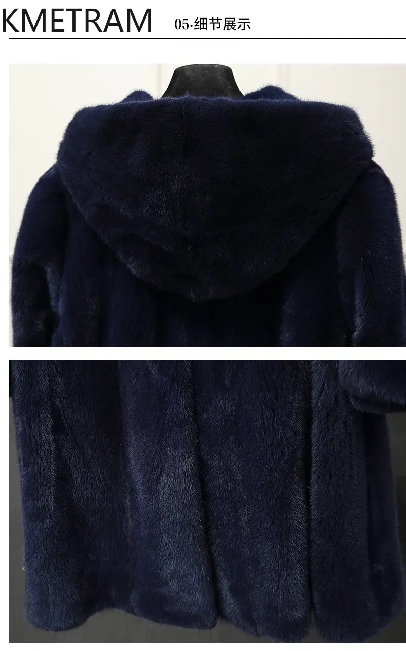سترة KMETRAM 100% من فرو المنك الطبيعي بالكامل للنساء باللون الأزرق الداكن معطف طويل من الفرو الحقيقي مع غطاء محرك السيارة معاطف شتوية لعام 2025 ملابس نسائية