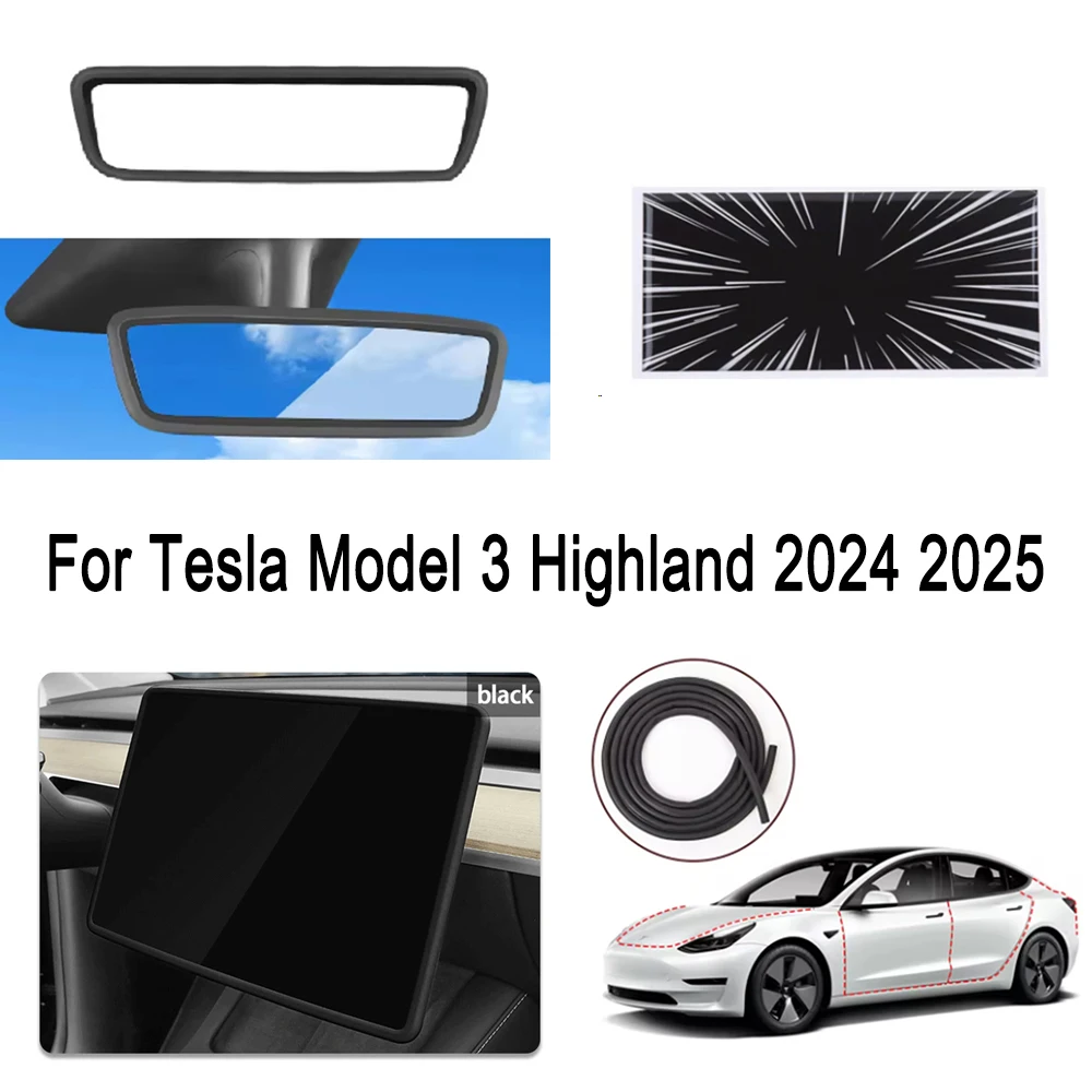 Screen+Rearview Mirror Protective Cover+High-performance Label Sticker+Sealing Strip For Tesla Model 3 Highland 2024 2025 Parts