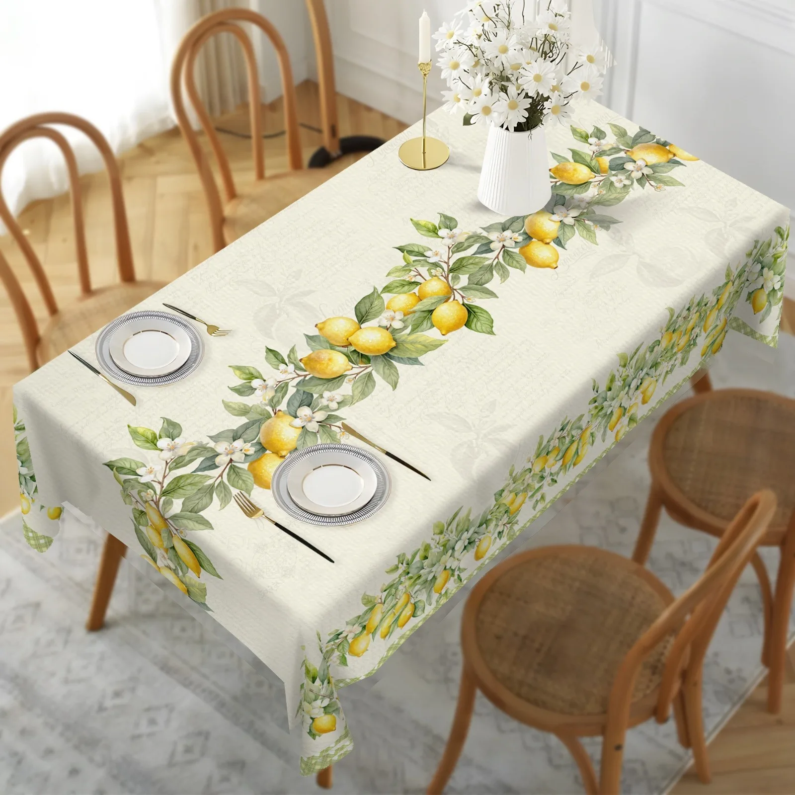 1pc Lemon Tablecloth - Vintage Spring/Summer Floral Buffalo Check Design, Perfect for Indoor/Outdoor Decor & Festive Parties, Gr