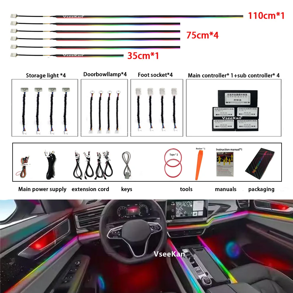 18 in 1 LED Symphony Ambient Lights Car Interior Full Color Streamer RGB 64 Colors Neon Acrylic Strip Decoration Atmosphere Lamp