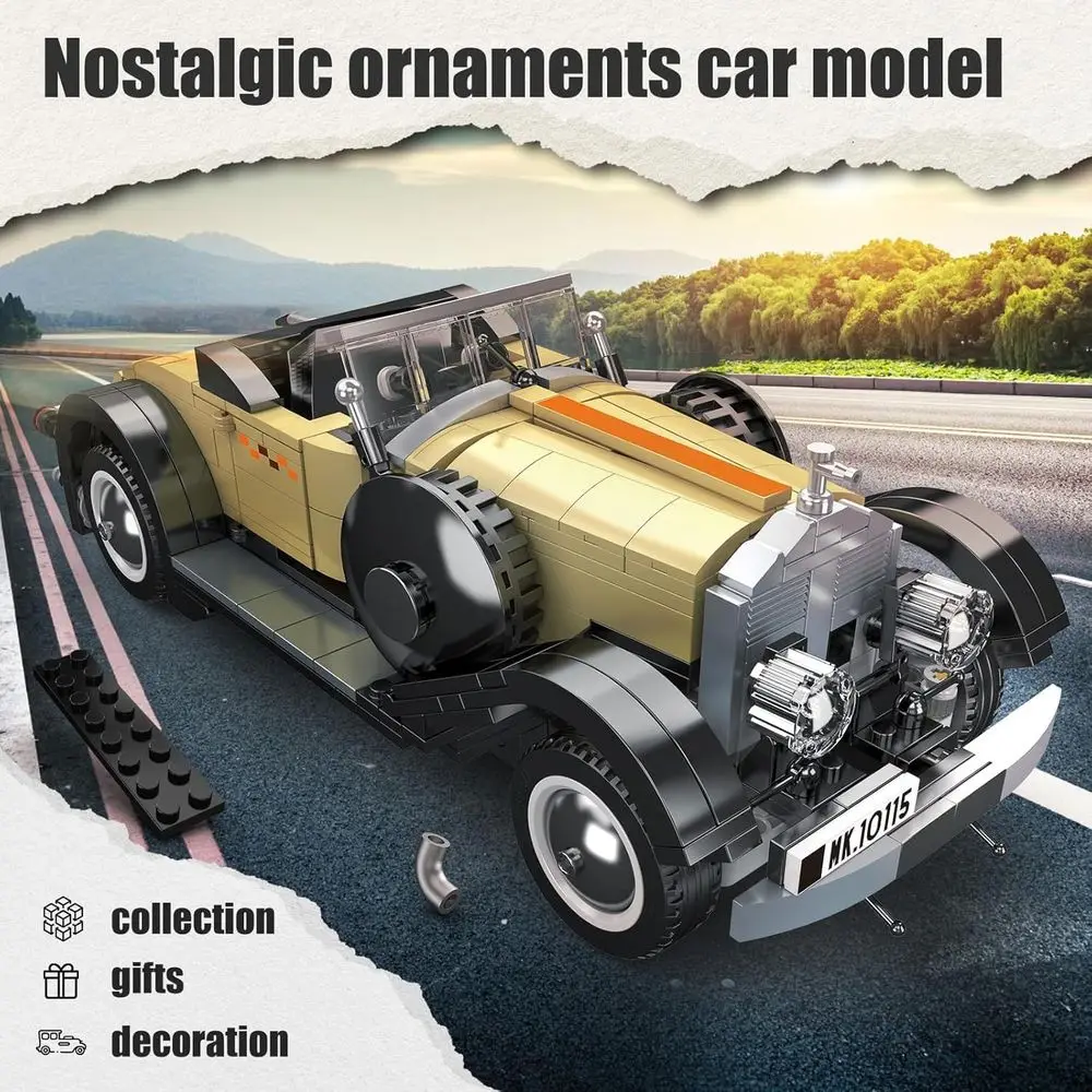 Kit de construção de carros clássicos para adultos: conjunto de modelo MOC vintage com mais de 897 peças, versão estática, adequado para maiores de 14 anos