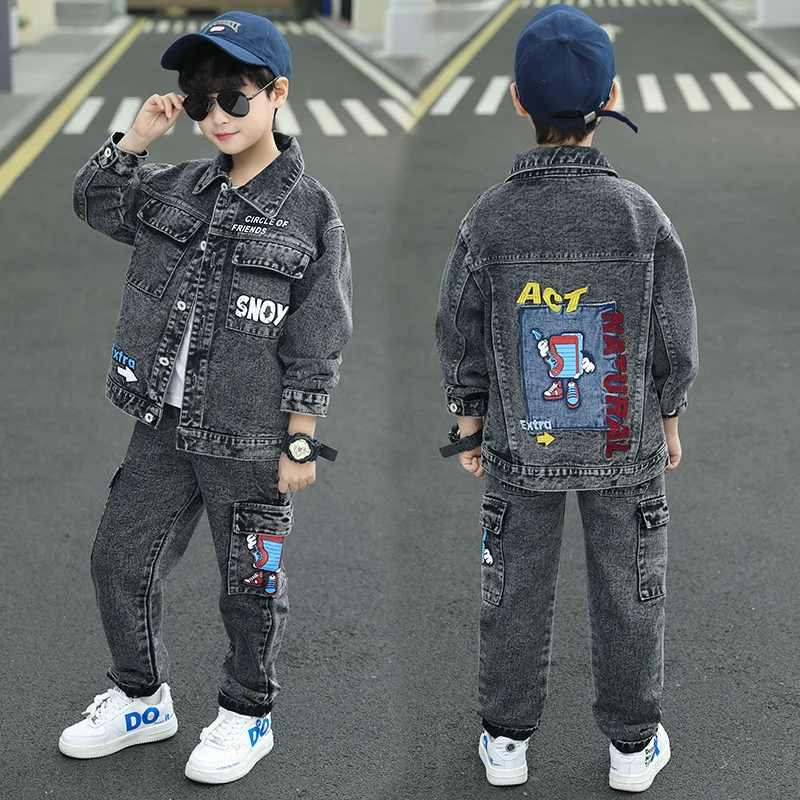 

fashion winter 2026 boys Children set autumn button denim jacket + print cargo pants jeans Clothes Teenager Kids 4 8 10 12 year
