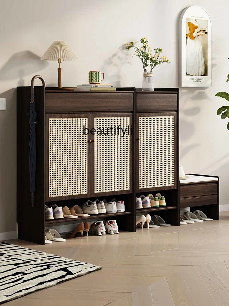 

Solid Wood Rattan Dustproof Shoe Cabinet Home Doorway Multi-Layer Locker Large Capacity Multi-Functional Home Entrance Cabinet