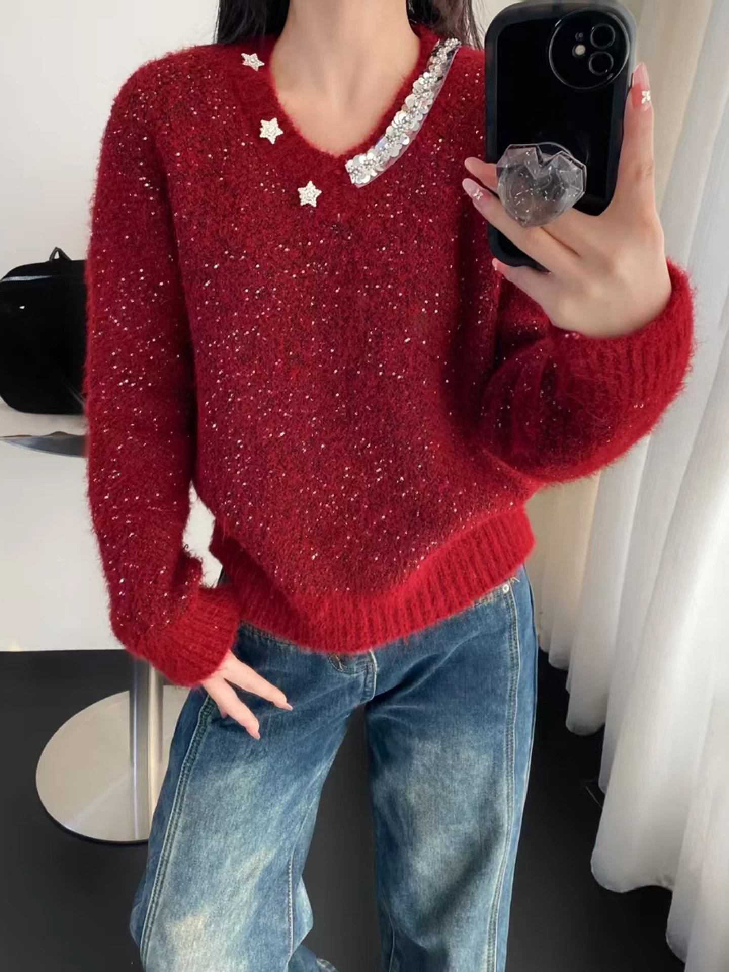

New Year's Sparkling V-Ne Knitted Sweater Women's Soft Cozy High-End Faionable Personali Long Sve Crew Ne Sweater
