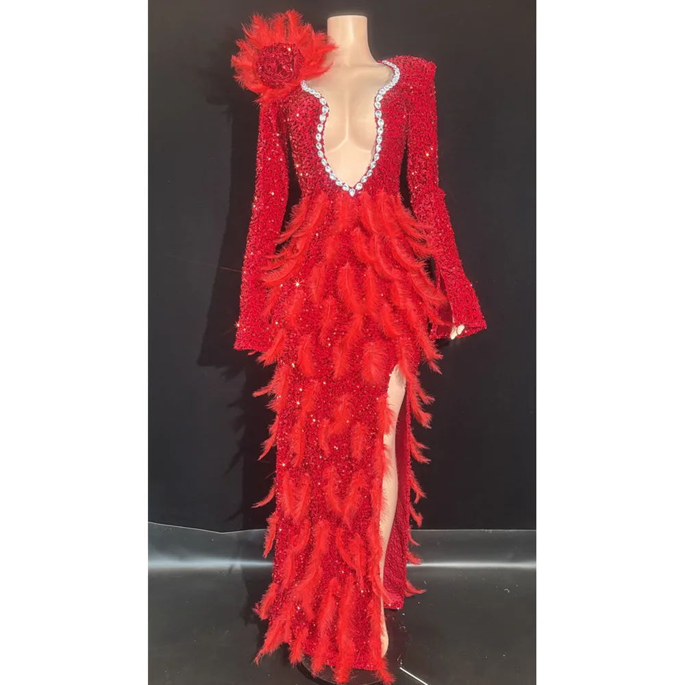 

Show girl party outfit luxuryShow girl costume Luxury Party OutfitSparkly Diamonds Feather Red High Slit Wedding Party Gown Luxu