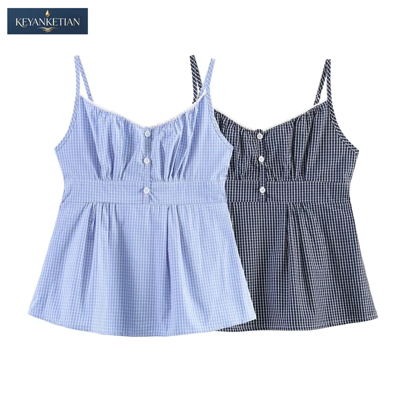 KEYANKETIAN 2026 Summer Cottagecore Vintage Checkered Cami Top Adjustable Spaghetti Straps, Smocked Back & Lace Neckline Vest