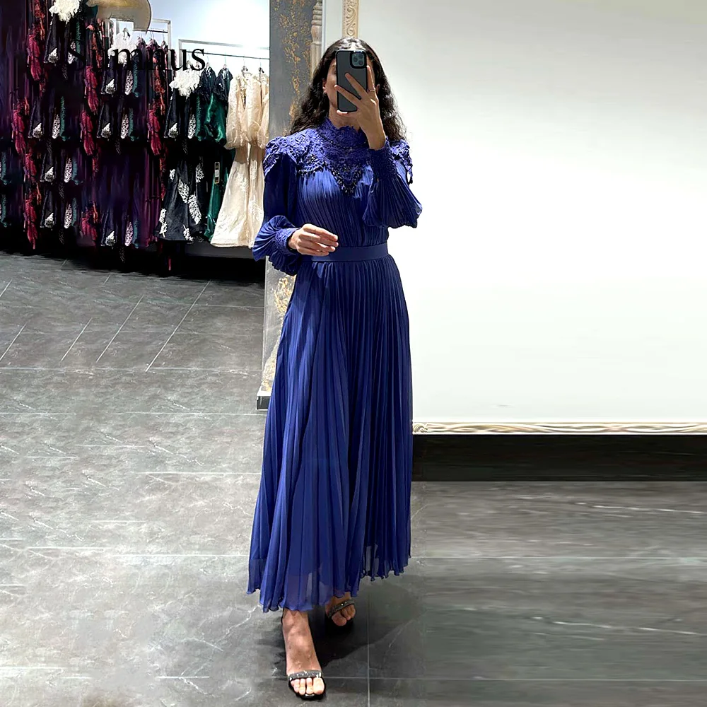 Sumnus Royal Blue Chiffon Dubai Evening Dresses High Neck Lace Appliques Full Sleeve Black Saudi Arabia Formal Gowns with Belt