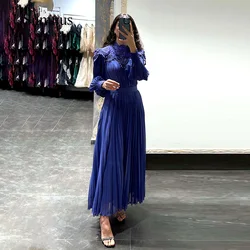 Sumnus Royal Blue Chiffon Dubai Evening Dresses High Neck Lace Appliques Full Sleeve Black Saudi Arabia Formal Gowns with Belt