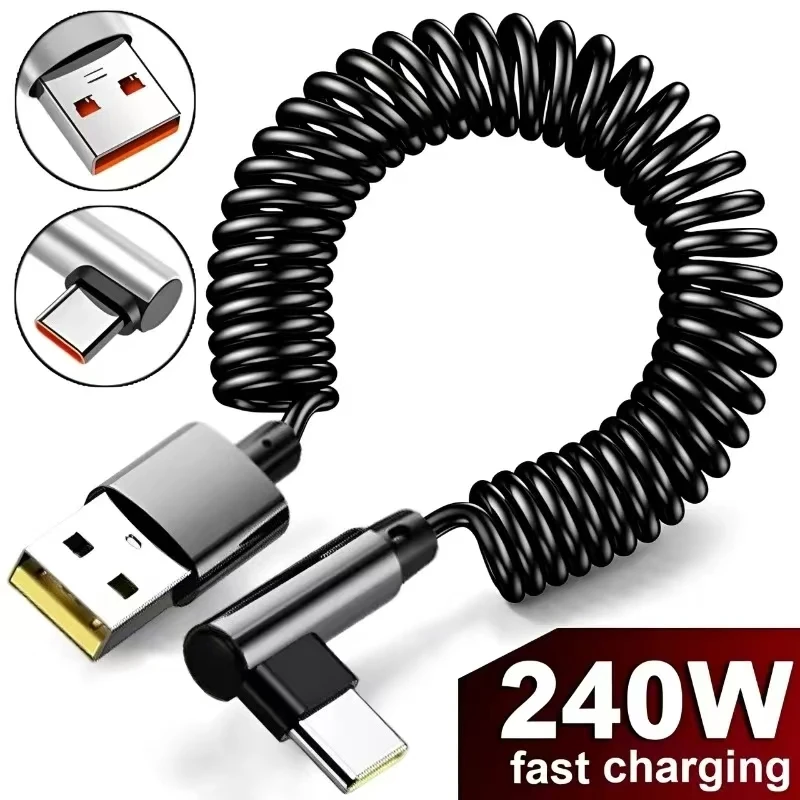 120W Fast Charging Coiled USB C Cable 90 Degree L Shape Retractable Spring Data Cord Car Armrest Box Power Up